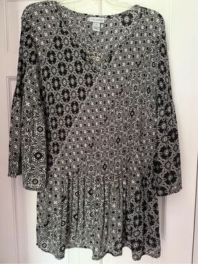 Catherines Black & White Mixed Print Peasant Tunic